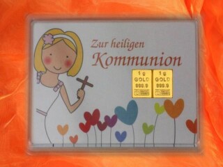 2 Gramm Gold Geschenkbarren Motiv: Kommunion Mädchen