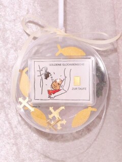 1 g gold gift bar motif: Zur Taufe in gift ball / globe handmade decorated