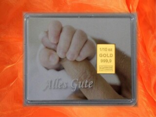 1/10 Unze Gold Geschenkbarren Motiv: Geburt Babyfinger