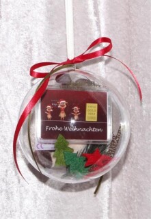 1/10 oz.gold gift bar motif: Frohe Weihnachten reindeers in gift ball / globe