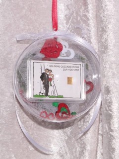 1 Gramm Gold Geschenkbarren Motiv: Hochzeit Brautpaar in dekorierter Geschenkkugel