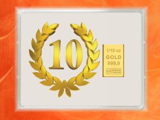 1/10 Unze Gold Geschenkbarren Flipmotiv: Jubiläum 10 Jahre