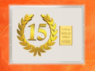 1/10 Unze Gold Geschenkbarren Flipmotiv: Jubiläum 15 Jahre
