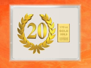1/10 Unze Gold Geschenkbarren Flipmotiv: Jubiläum 20 Jahre
