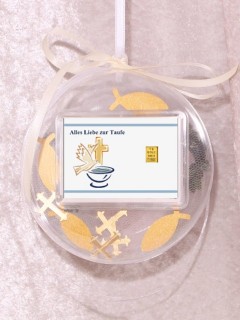 1 g gold gift bar motif: Alles Liebe zur Taufe in gift ball / globe handmade decorated