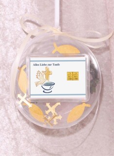 2 g gold gift bar motif: Alles Liebe zur Taufe in gift ball / globe handmade decorated