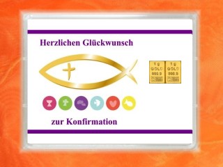 2 Gramm Gold Geschenkbarren Motiv: Konfirmation Fisch