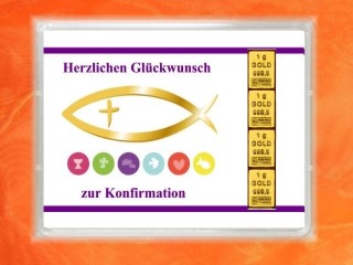 4 Gramm Gold Geschenkbarren Motiv: Konfirmation Fisch