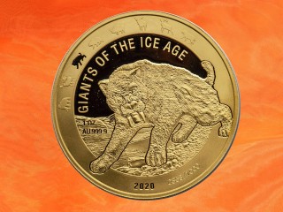 1 Unze Giants of Ice Age Säbelzahnkatze Goldmünze Ghana 2020 (Auflage 1.000)